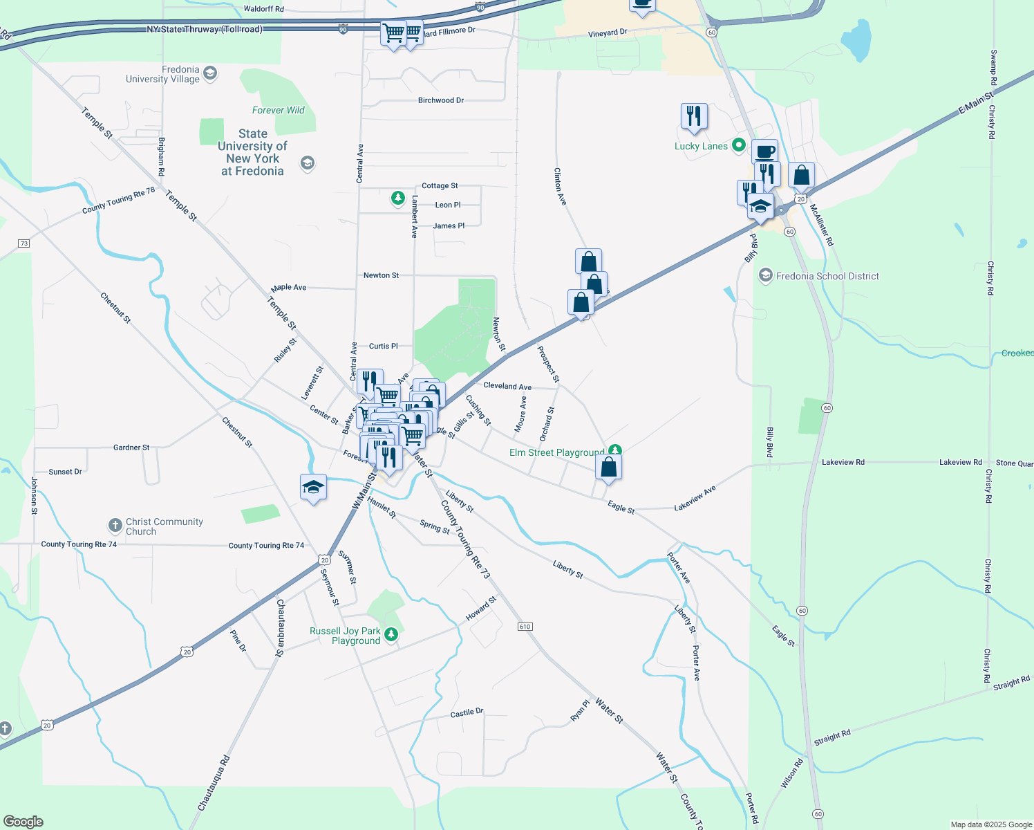 map of restaurants, bars, coffee shops, grocery stores, and more near 27 Moore Avenue in Fredonia