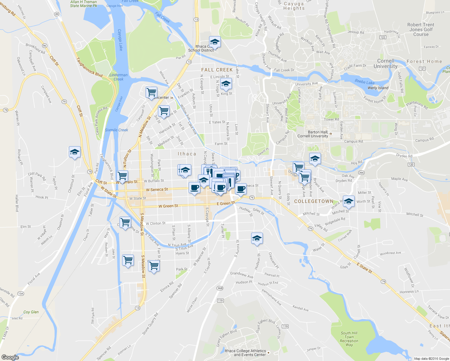 map of restaurants, bars, coffee shops, grocery stores, and more near 213 North Tioga Street in Ithaca