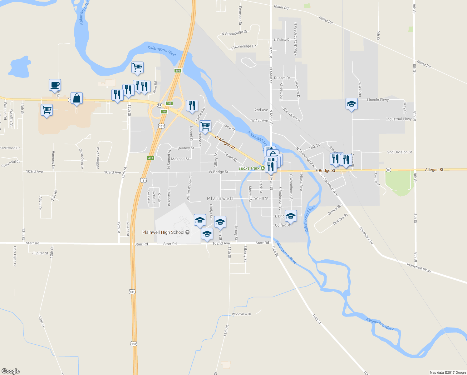 map of restaurants, bars, coffee shops, grocery stores, and more near 222 Jersey Street in Plainwell
