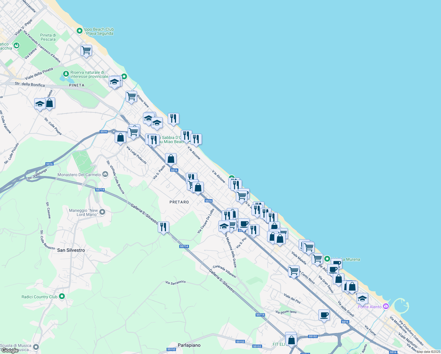 map of restaurants, bars, coffee shops, grocery stores, and more near 3B Via Nora in Francavilla Al Mare