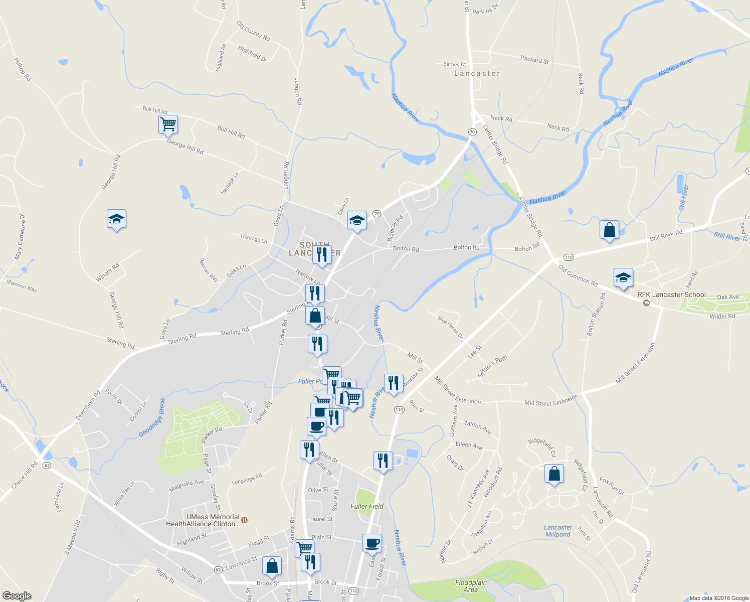 map of restaurants, bars, coffee shops, grocery stores, and more near 146 Kilbourn Road in Lancaster