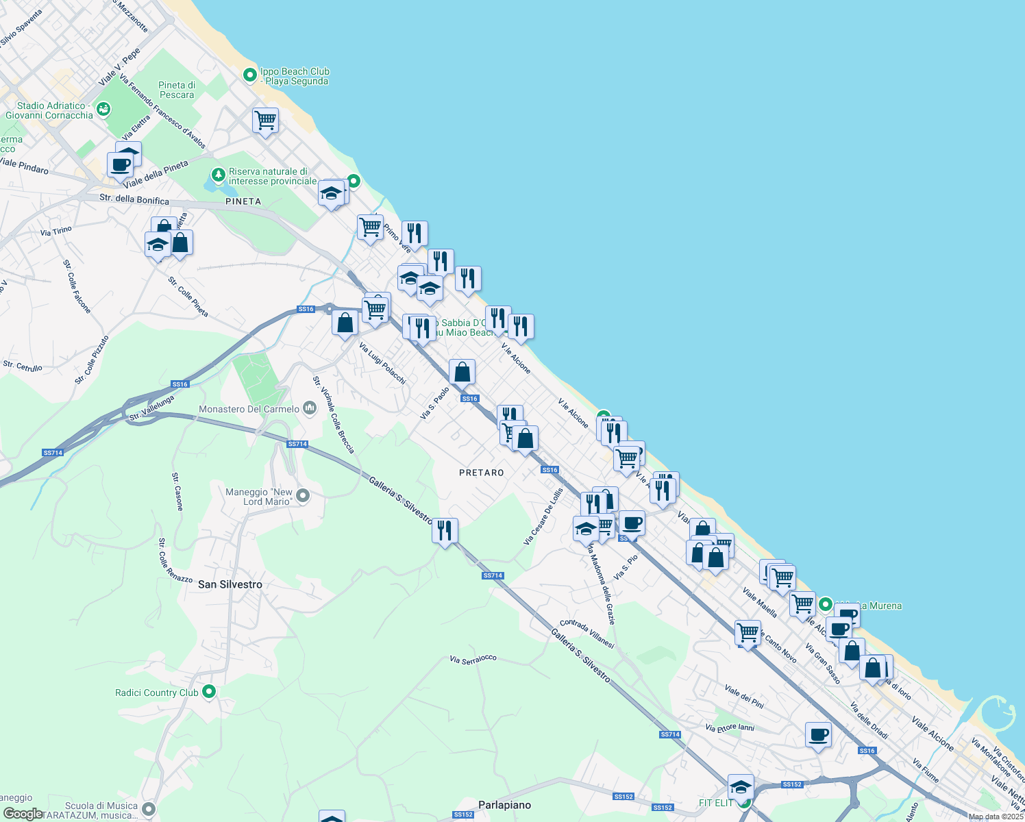 map of restaurants, bars, coffee shops, grocery stores, and more near 30 Viale Monte Velino in Francavilla al Mare