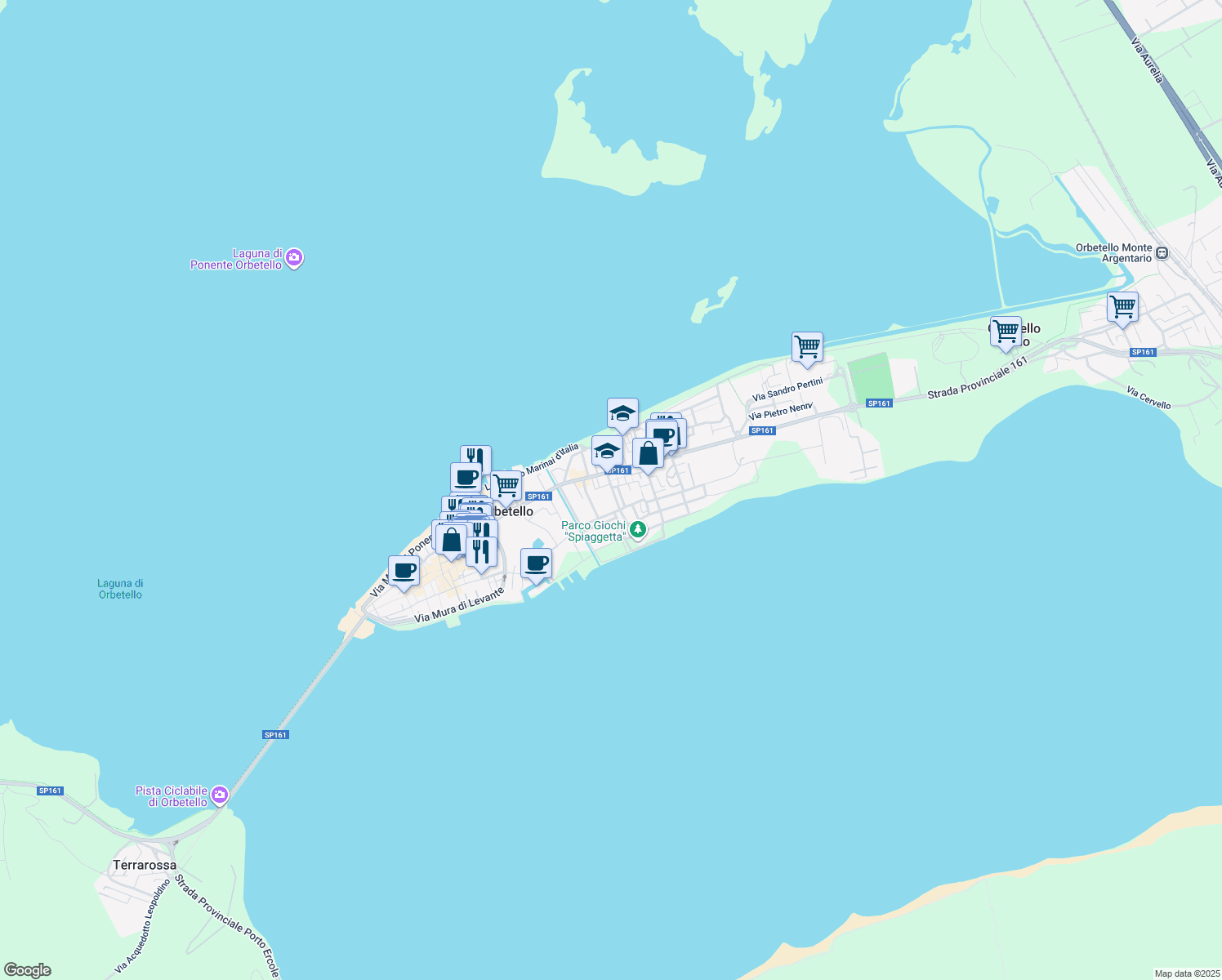 map of restaurants, bars, coffee shops, grocery stores, and more near 26 Via Edmondo de Amicis in Orbetello