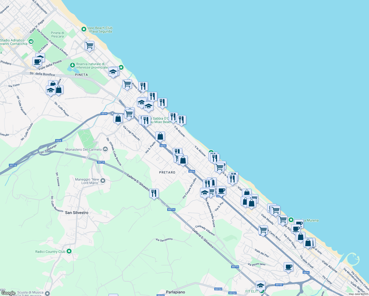 map of restaurants, bars, coffee shops, grocery stores, and more near 30 Viale Monte Velino in Francavilla al Mare