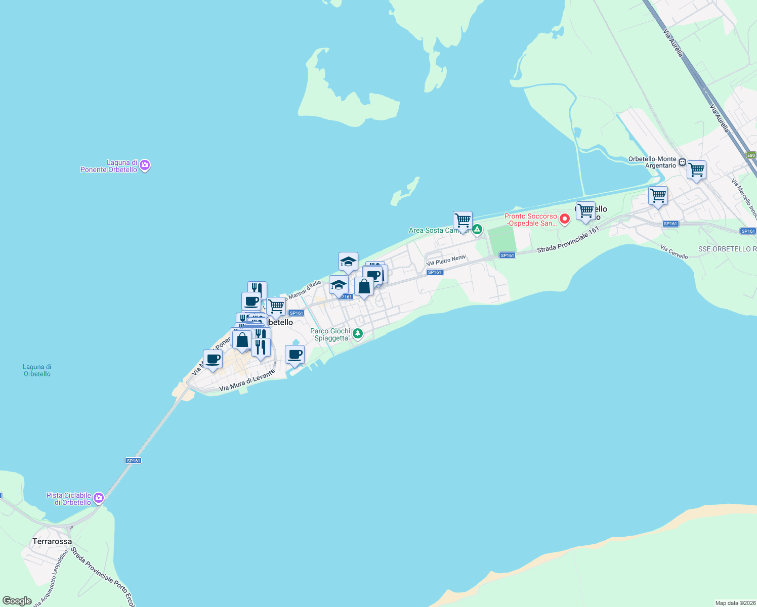 map of restaurants, bars, coffee shops, grocery stores, and more near 20A Via Pola in Orbetello