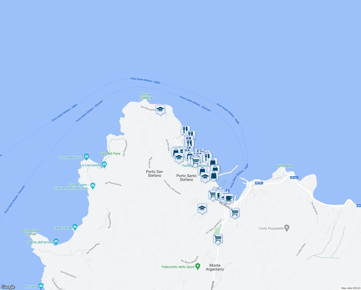 map of restaurants, bars, coffee shops, grocery stores, and more near 28 Via Aia del Dottore in Porto Santo Stefano