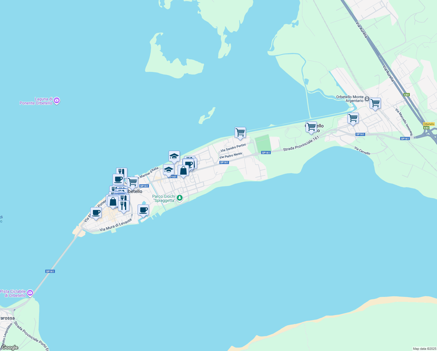 map of restaurants, bars, coffee shops, grocery stores, and more near 67 Via Trieste in Orbetello