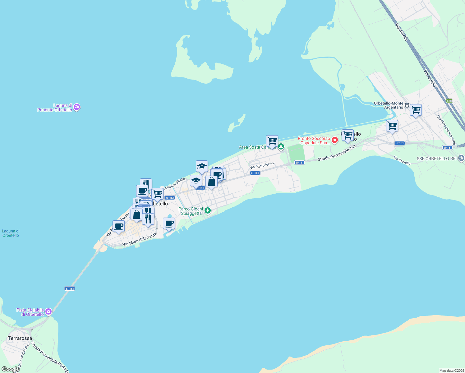 map of restaurants, bars, coffee shops, grocery stores, and more near 11 Via Pola in Orbetello