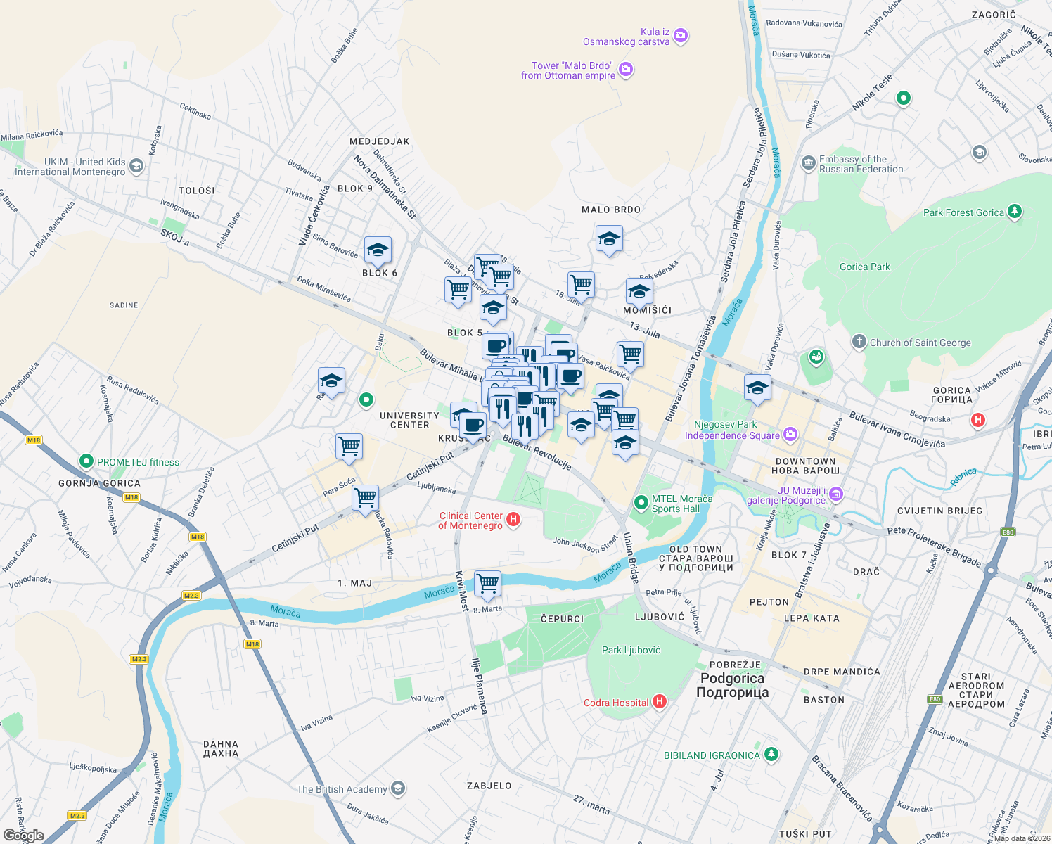 map of restaurants, bars, coffee shops, grocery stores, and more near Rimski Trg in Podgorica