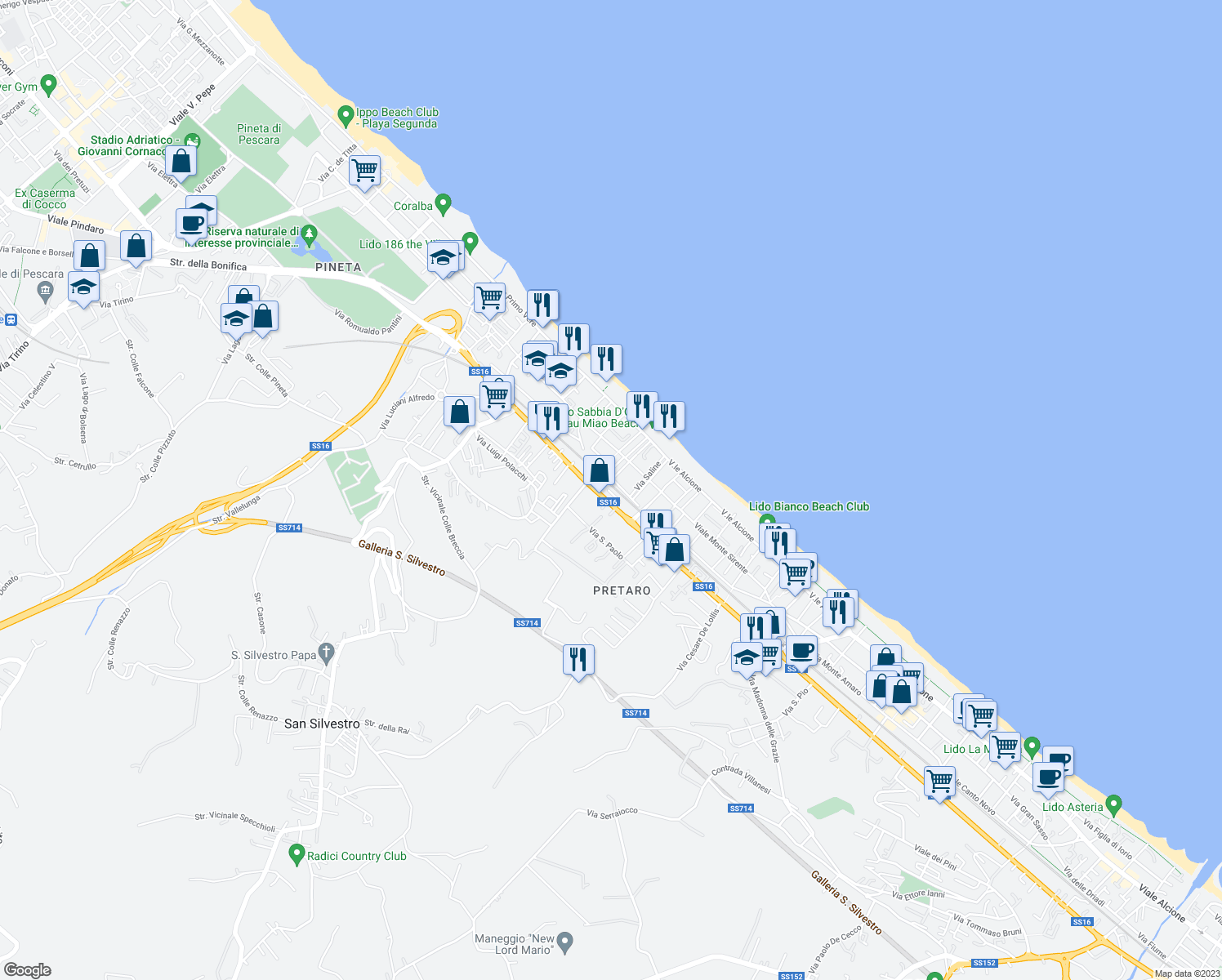 map of restaurants, bars, coffee shops, grocery stores, and more near 68 Contrada Pretaro in Francavilla al Mare