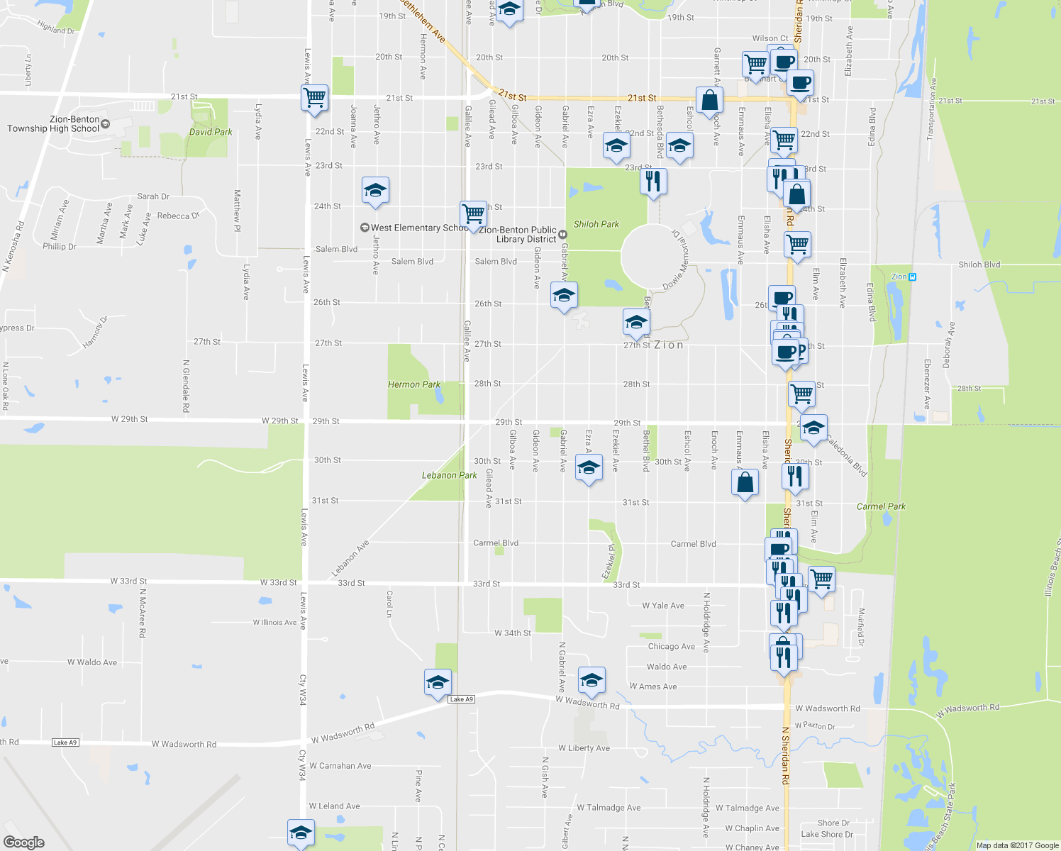map of restaurants, bars, coffee shops, grocery stores, and more near 2900 Gideon Avenue in Zion