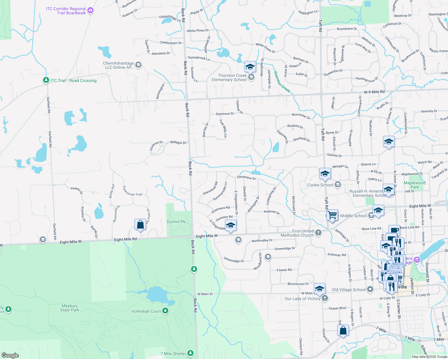 map of restaurants, bars, coffee shops, grocery stores, and more near 21483 Summerside Lane in Northville