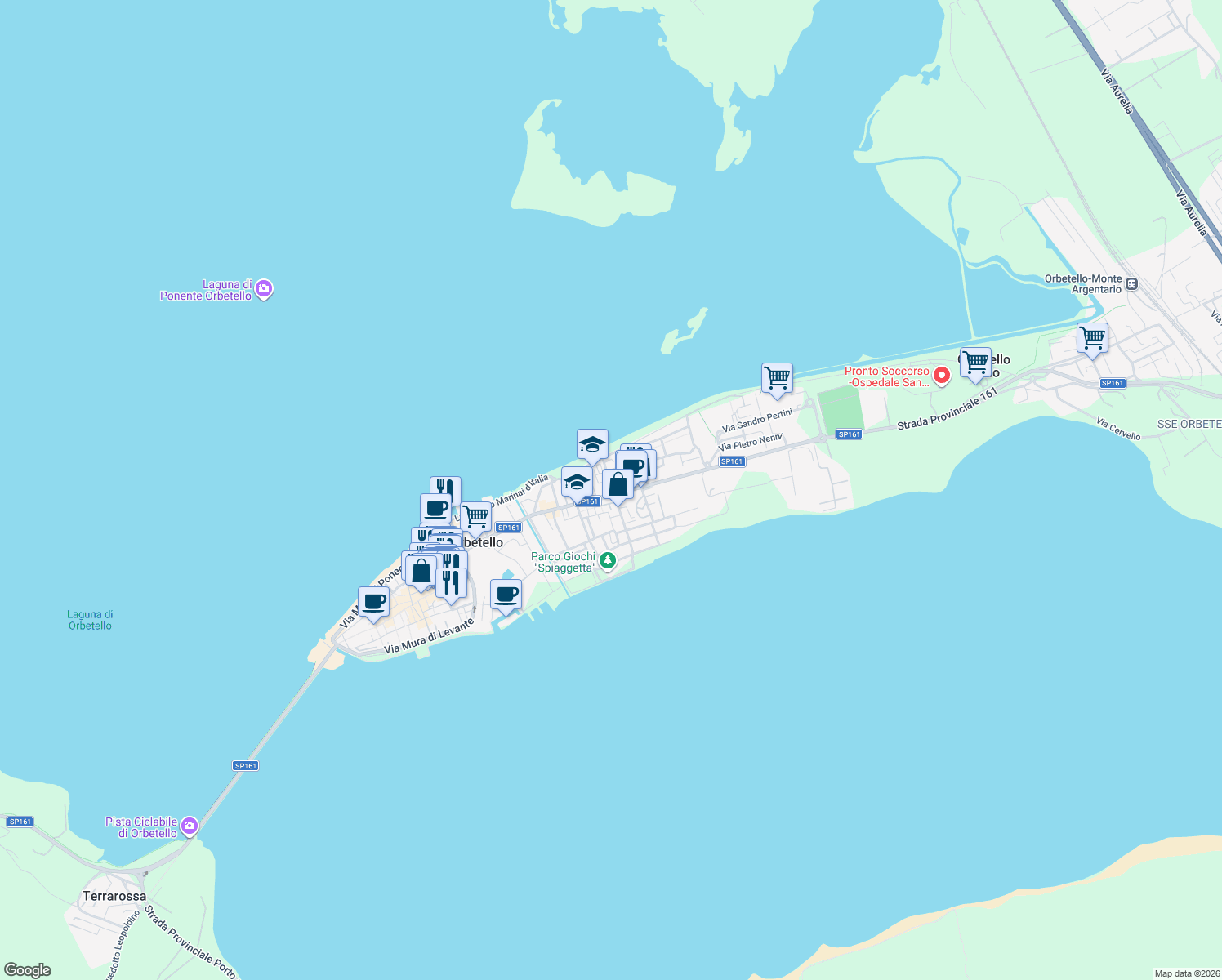 map of restaurants, bars, coffee shops, grocery stores, and more near 35 Via Donatori del Sangue in Orbetello