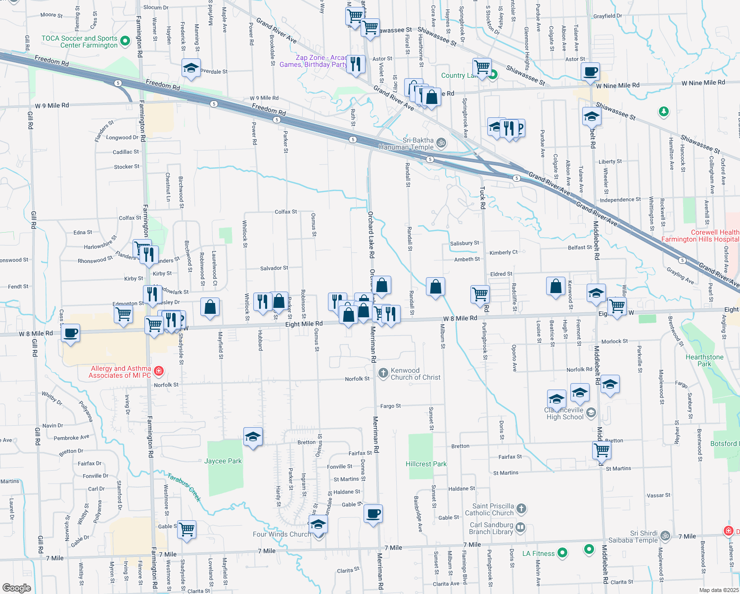 map of restaurants, bars, coffee shops, grocery stores, and more near 20785 Orchard Lake Road in Farmington Hills