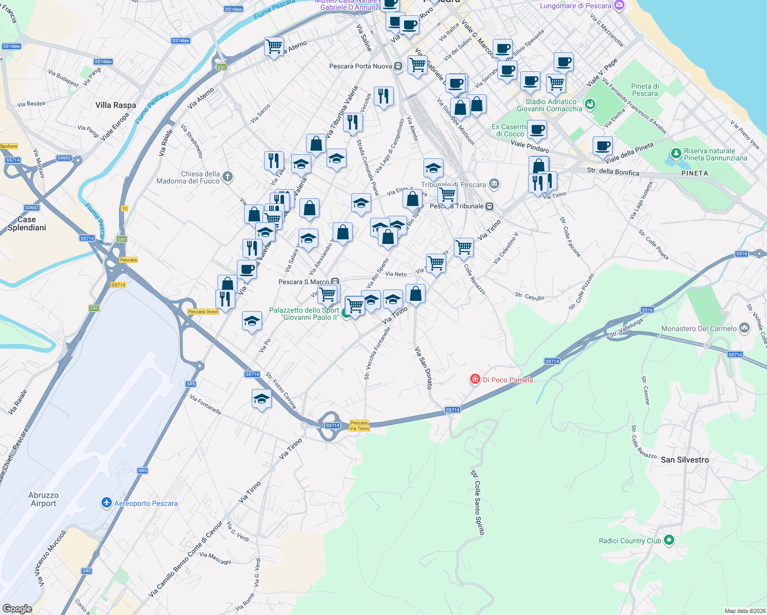 map of restaurants, bars, coffee shops, grocery stores, and more near 16 Via Musone in Pescara
