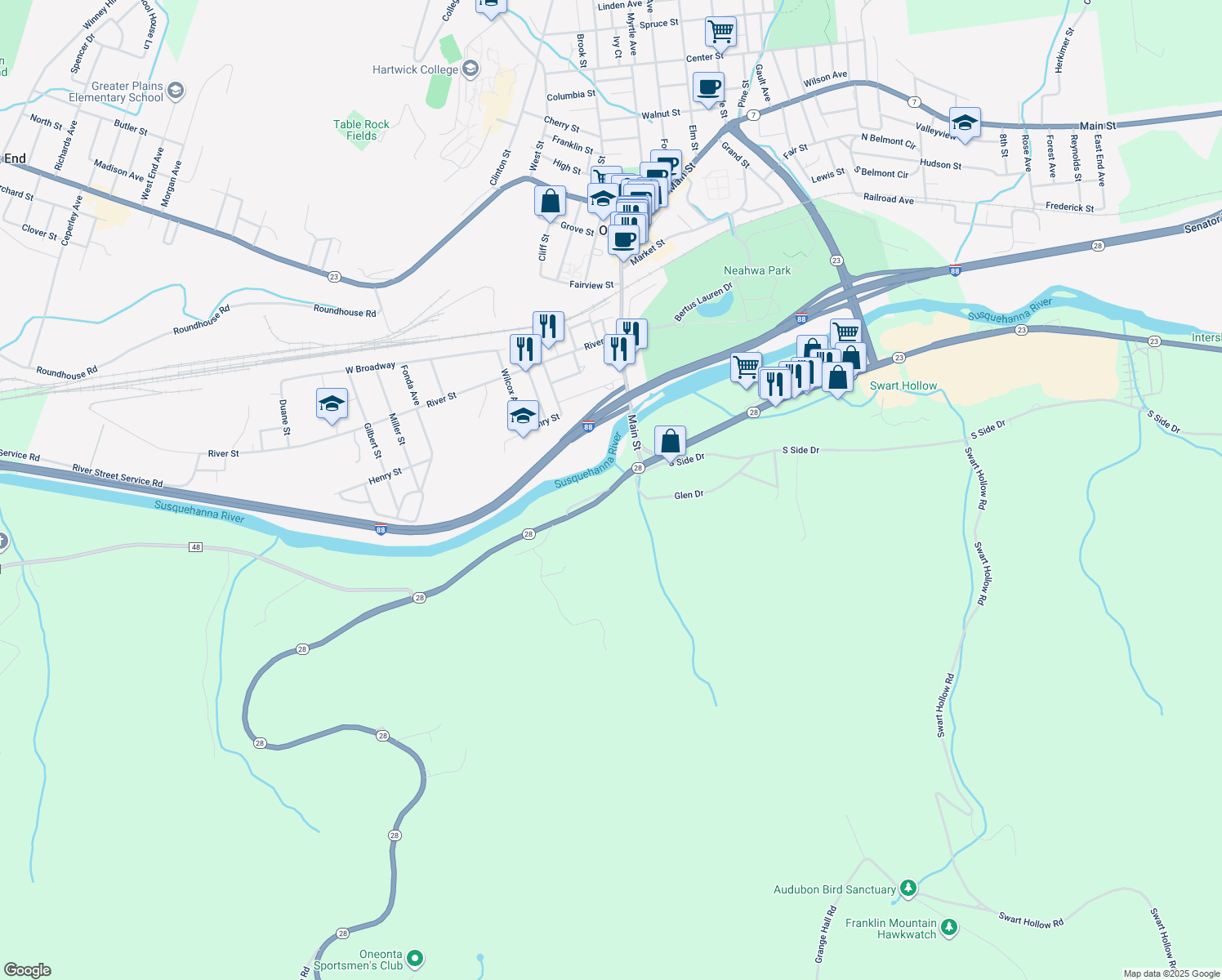 map of restaurants, bars, coffee shops, grocery stores, and more near 99 Bevins Rd in Oneonta