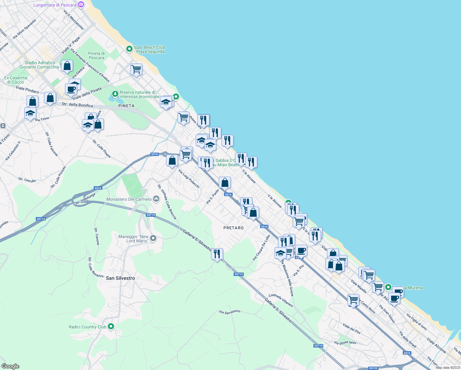 map of restaurants, bars, coffee shops, grocery stores, and more near 68 Contrada Pretaro in Francavilla Al Mare