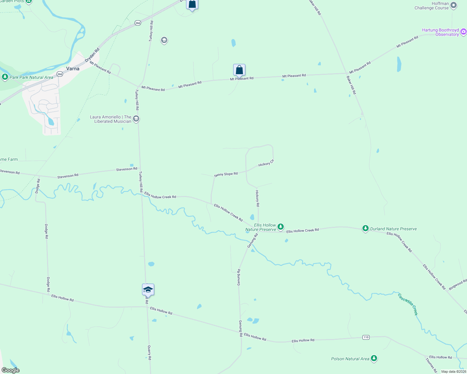 map of restaurants, bars, coffee shops, grocery stores, and more near 75 Hickory Rd in Ithaca
