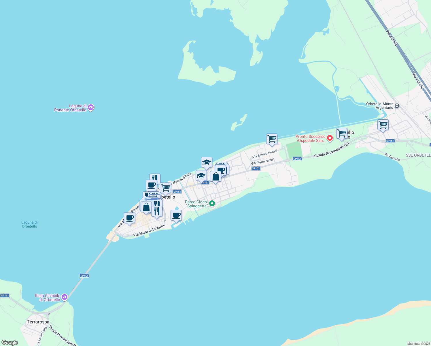 map of restaurants, bars, coffee shops, grocery stores, and more near 35 Via Donatori del Sangue in Orbetello