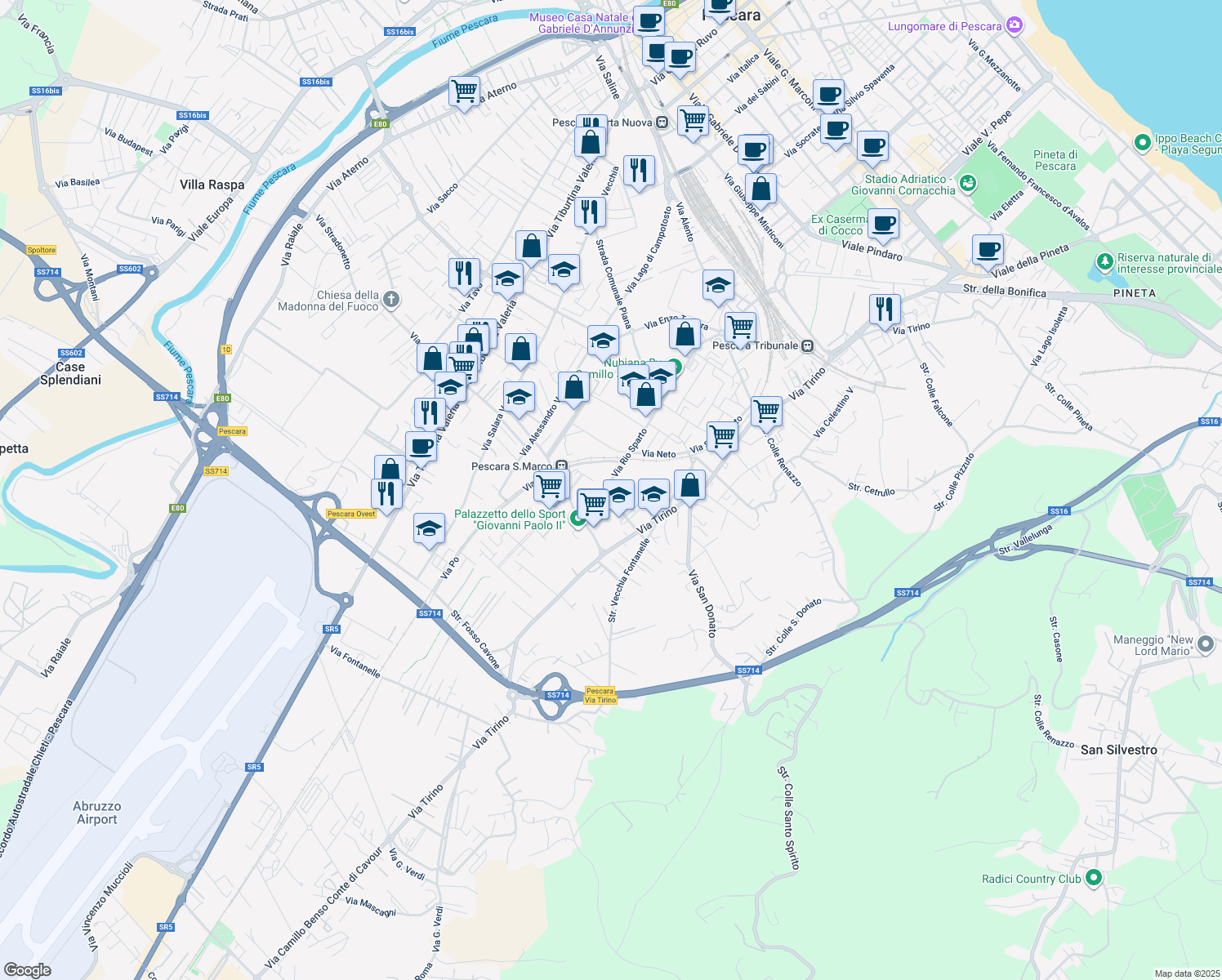 map of restaurants, bars, coffee shops, grocery stores, and more near Via Rio Sparto in Pescara