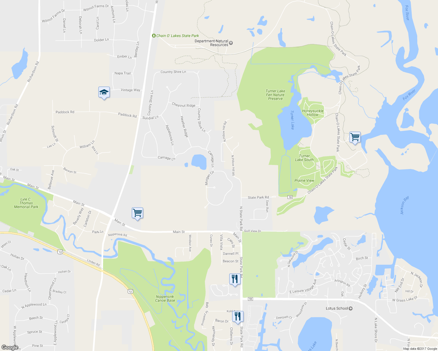 map of restaurants, bars, coffee shops, grocery stores, and more near 8002 Morgan Circle in Spring Grove