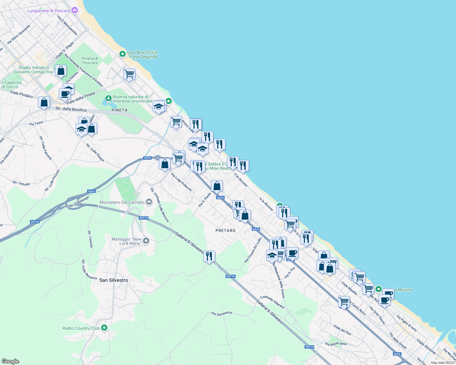 map of restaurants, bars, coffee shops, grocery stores, and more near 50 Viale Monte Sirente in Francavilla al Mare
