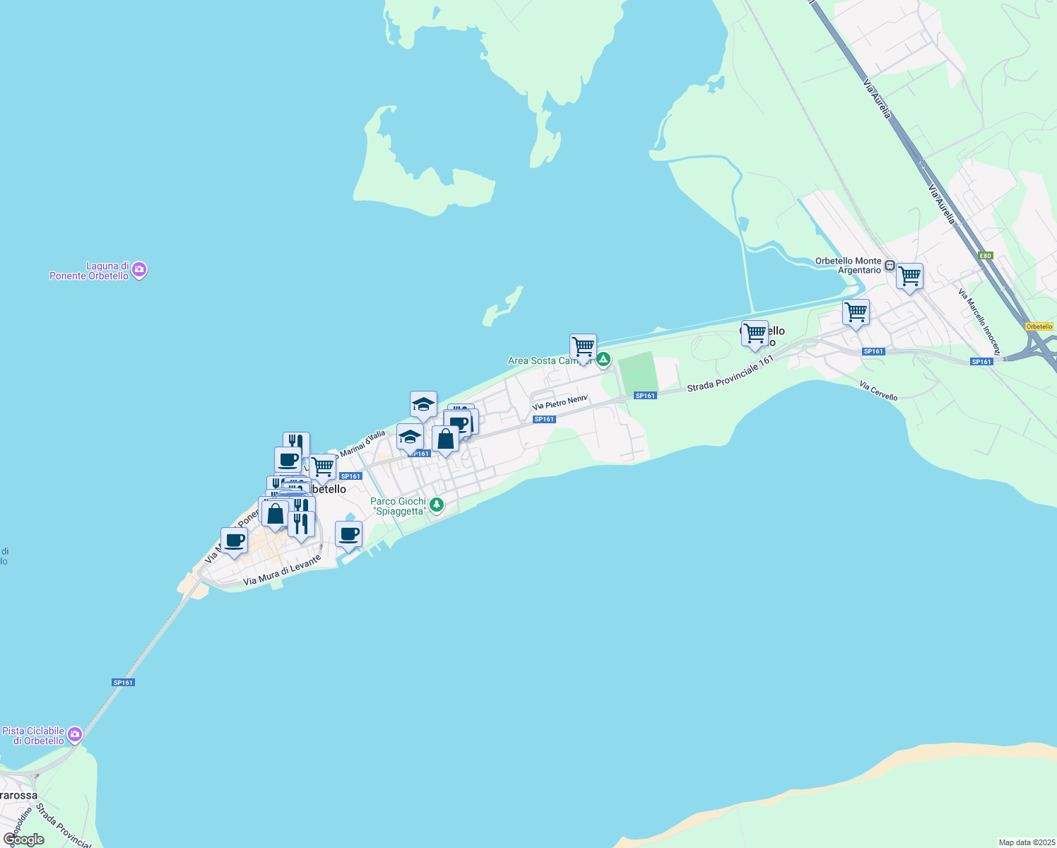 map of restaurants, bars, coffee shops, grocery stores, and more near Strada Statale 440 in Orbetello