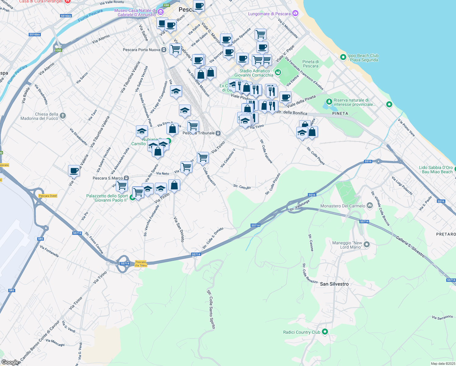 map of restaurants, bars, coffee shops, grocery stores, and more near 33 Strada Cetrullo in Pescara