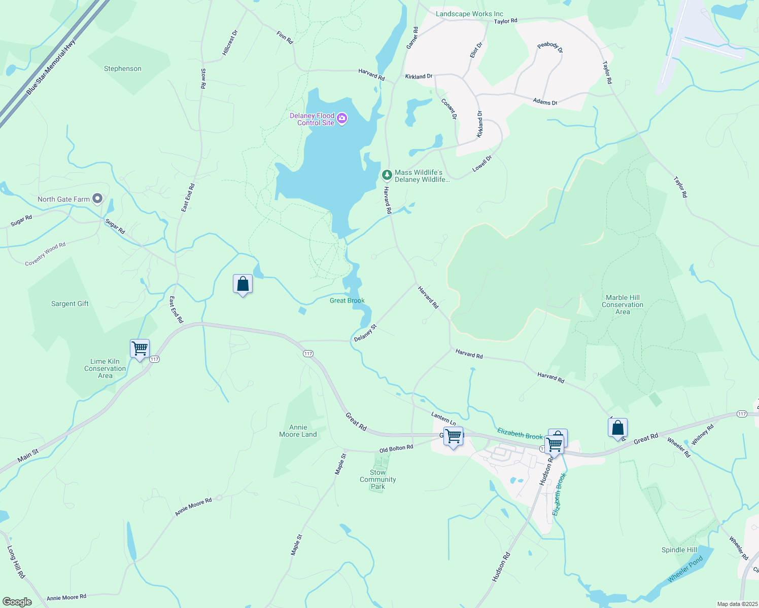 map of restaurants, bars, coffee shops, grocery stores, and more near 43 Delaney Street in Stow