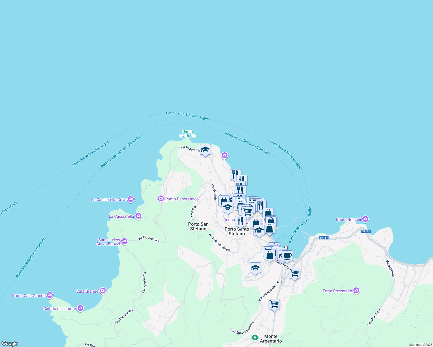 map of restaurants, bars, coffee shops, grocery stores, and more near 301 Via Panoramica in Porto Santo Stefano