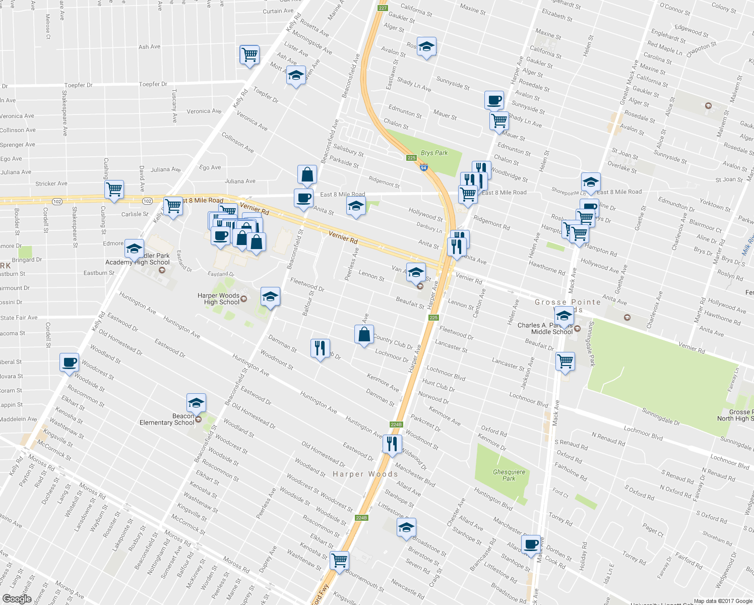 map of restaurants, bars, coffee shops, grocery stores, and more near 20419 Fleetwood Drive in Harper Woods