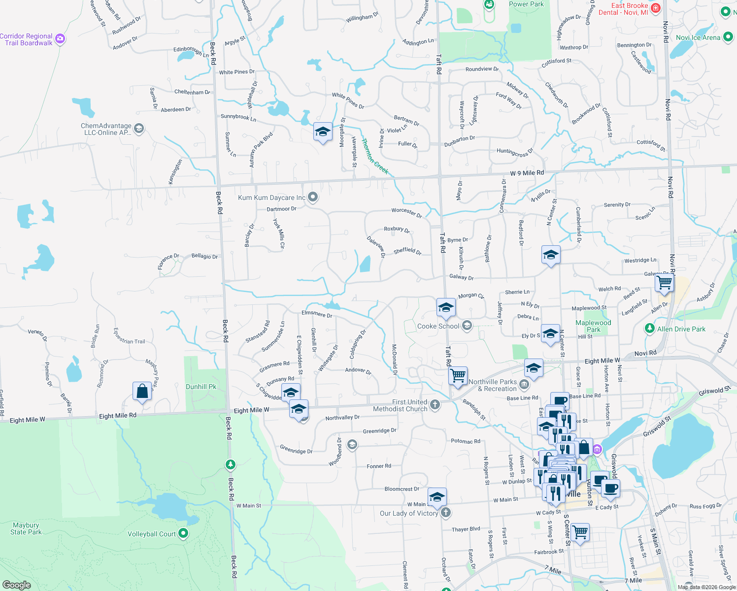 map of restaurants, bars, coffee shops, grocery stores, and more near 912 Millpond Court in Northville