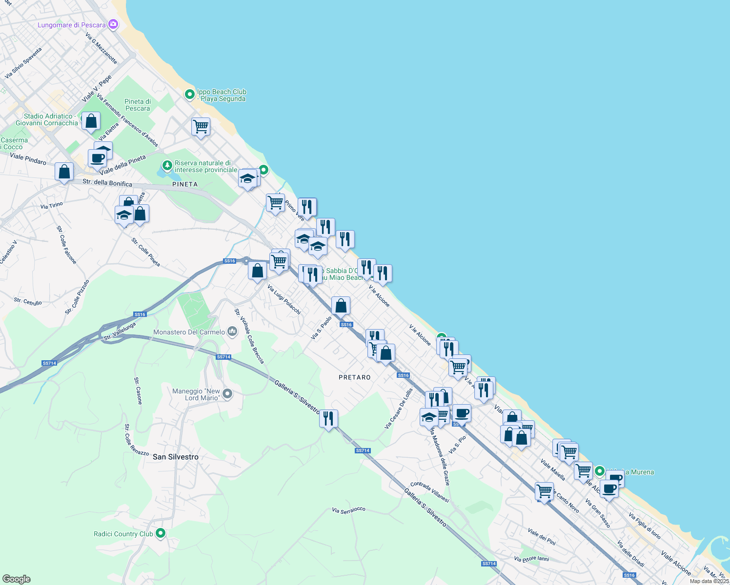 map of restaurants, bars, coffee shops, grocery stores, and more near 50 Viale Monte Sirente in Francavilla al Mare