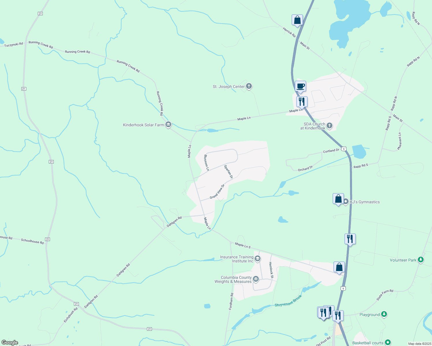 map of restaurants, bars, coffee shops, grocery stores, and more near 32 Blossom Ln in Valatie