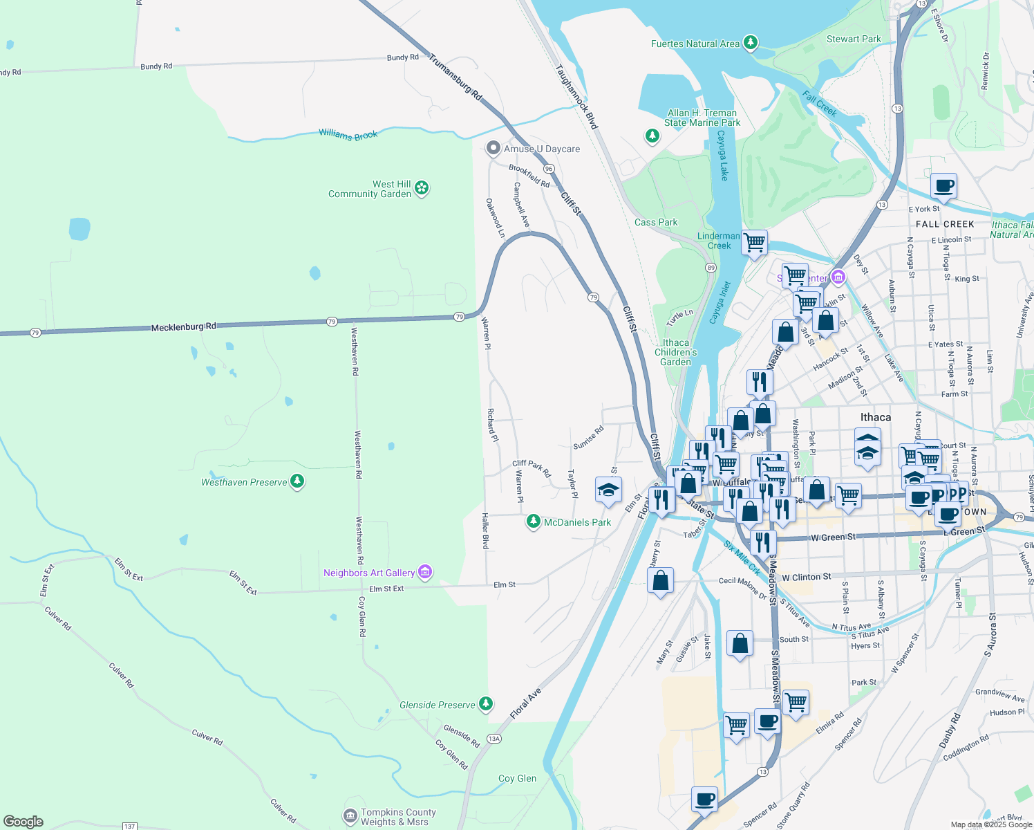 map of restaurants, bars, coffee shops, grocery stores, and more near 401 Warren Pl in Ithaca