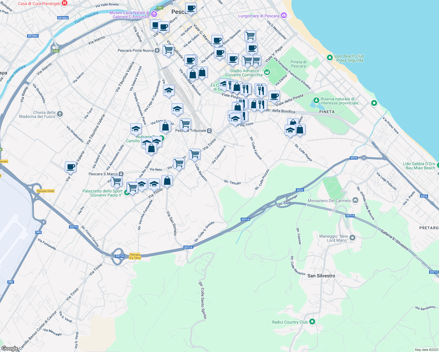 map of restaurants, bars, coffee shops, grocery stores, and more near 33 Strada Cetrullo in Pescara