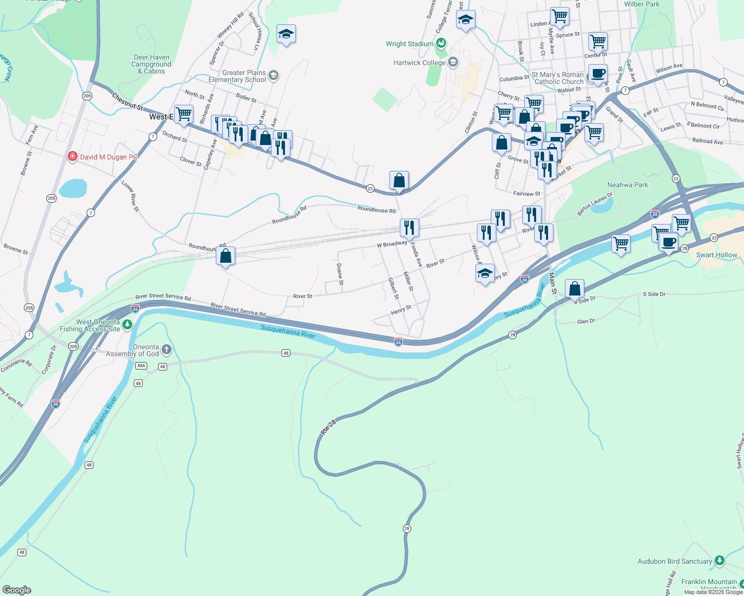 map of restaurants, bars, coffee shops, grocery stores, and more near 157 River St in Oneonta