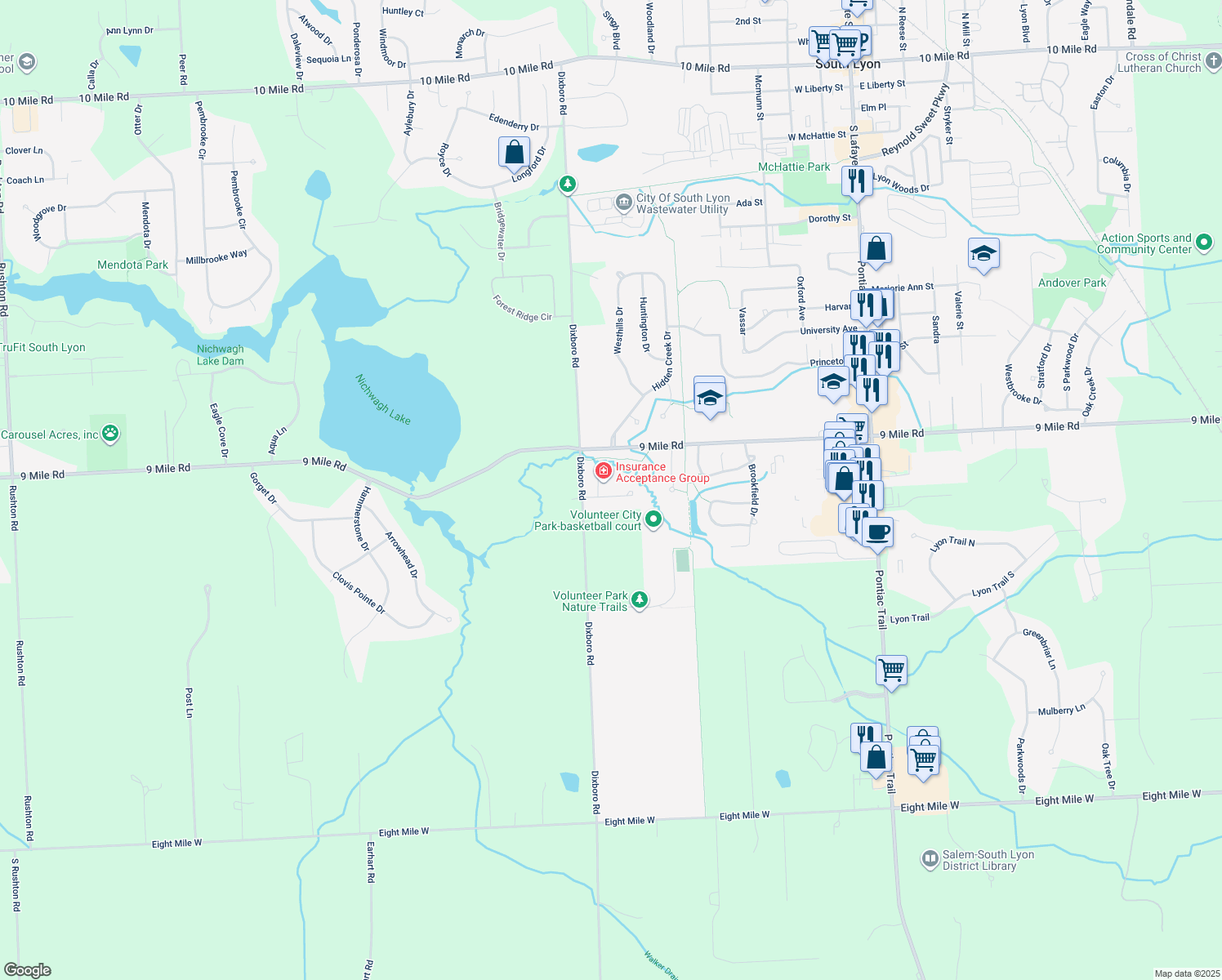 map of restaurants, bars, coffee shops, grocery stores, and more near 867 Timber Trail Ct in South Lyon