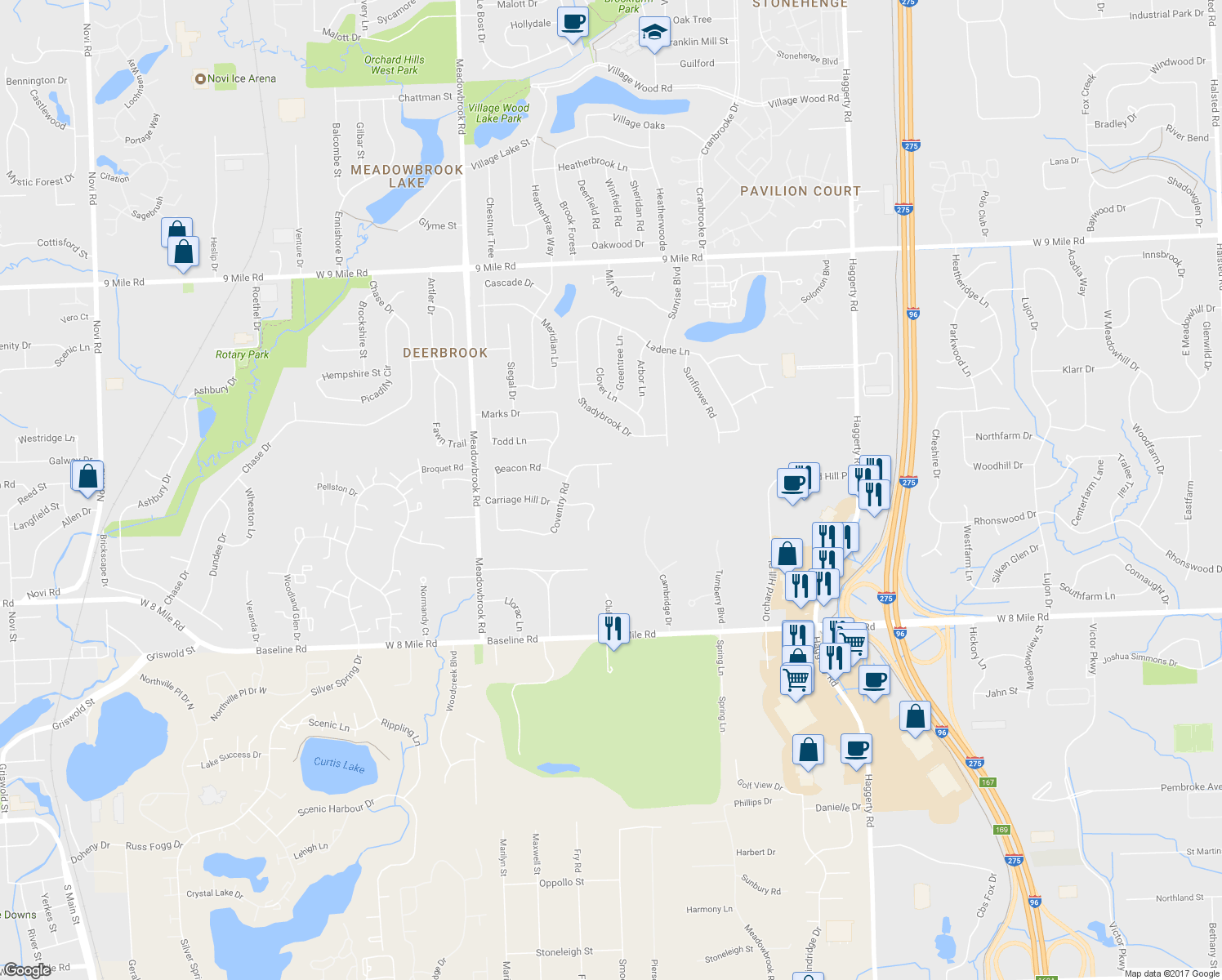 map of restaurants, bars, coffee shops, grocery stores, and more near 21554 Purlingbrook Road in Novi