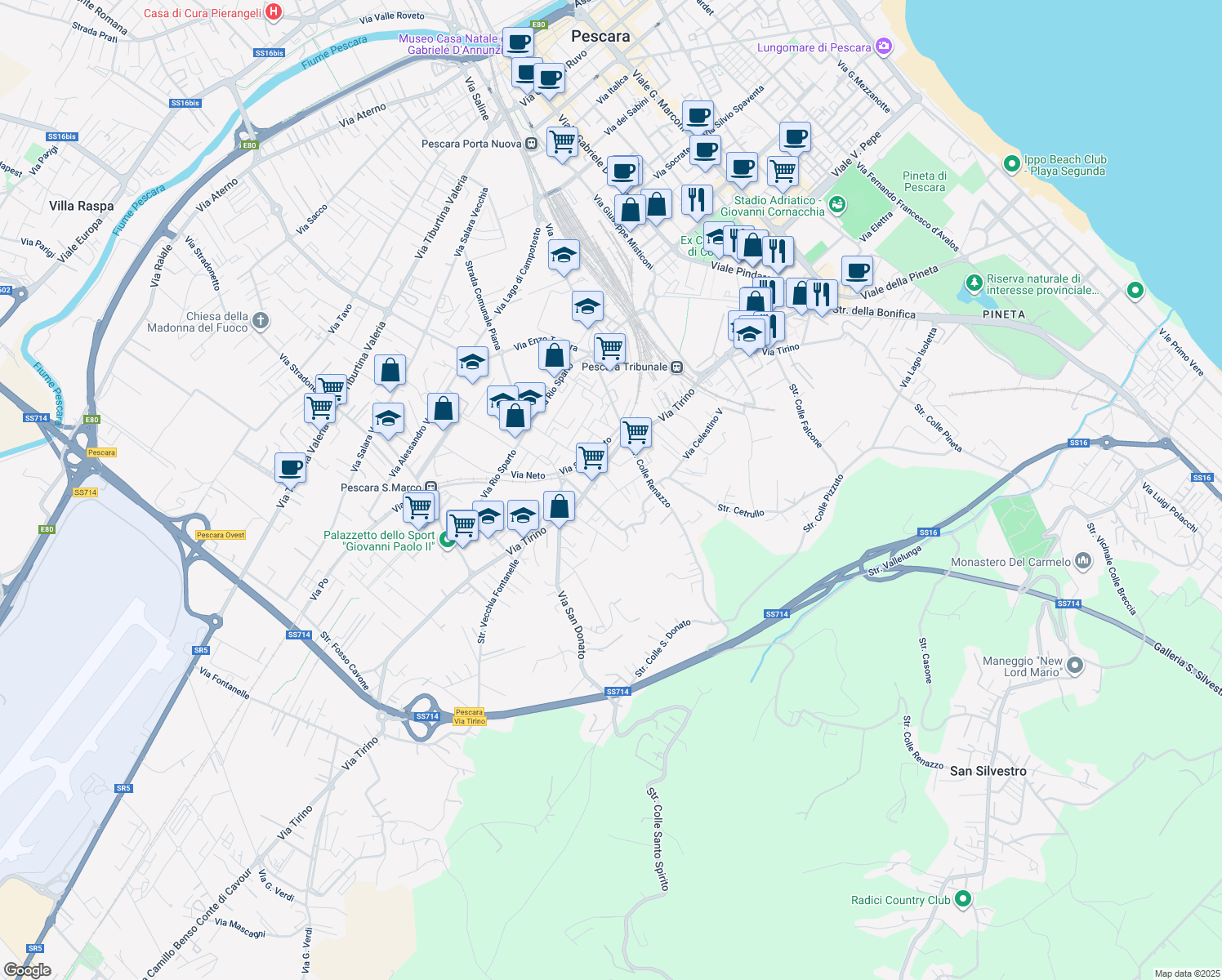 map of restaurants, bars, coffee shops, grocery stores, and more near 24 Via Vibrata in Pescara
