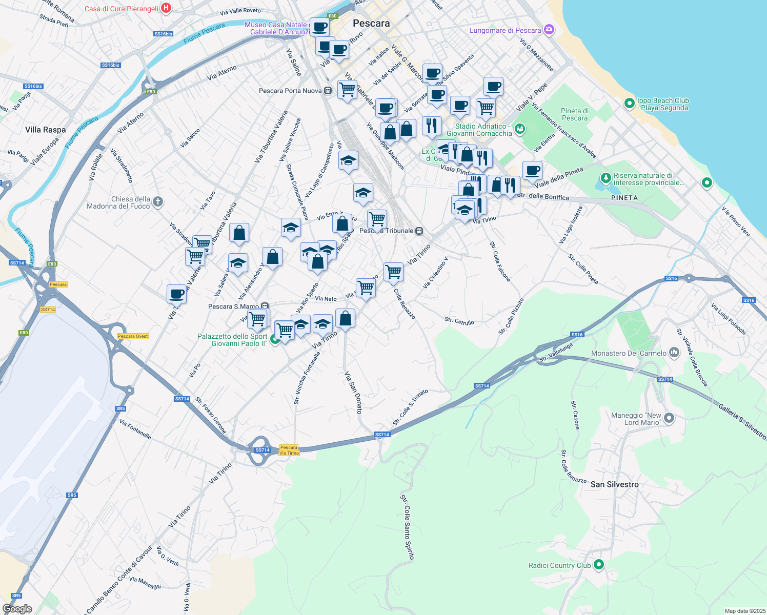 map of restaurants, bars, coffee shops, grocery stores, and more near 24 Via Vibrata in Pescara