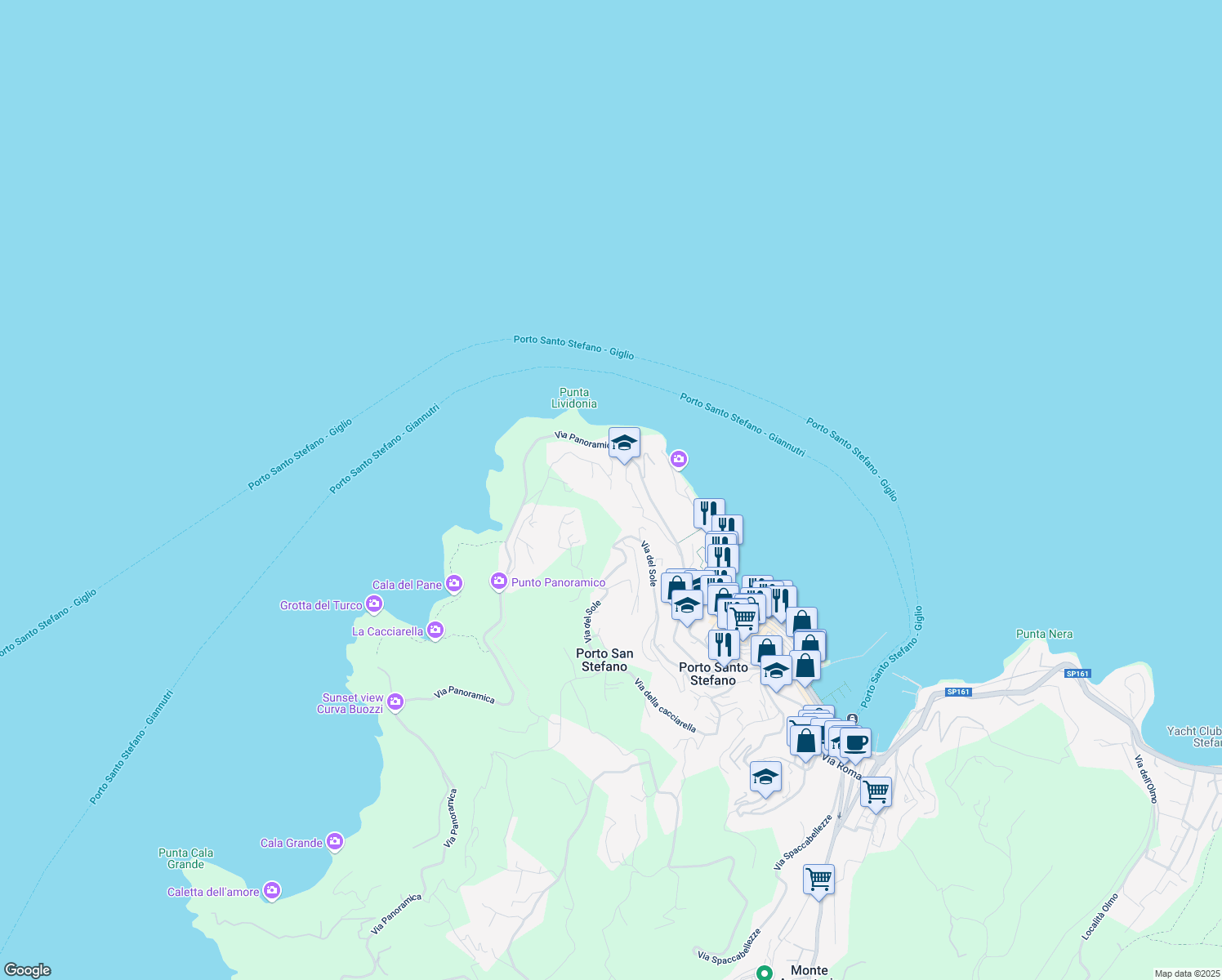 map of restaurants, bars, coffee shops, grocery stores, and more near 24 Via Lividonia in Porto Santo Stefano