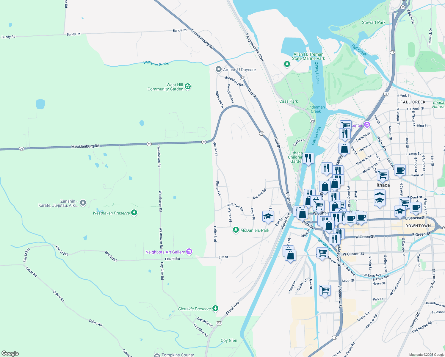 map of restaurants, bars, coffee shops, grocery stores, and more near 412 Warren Place in Ithaca