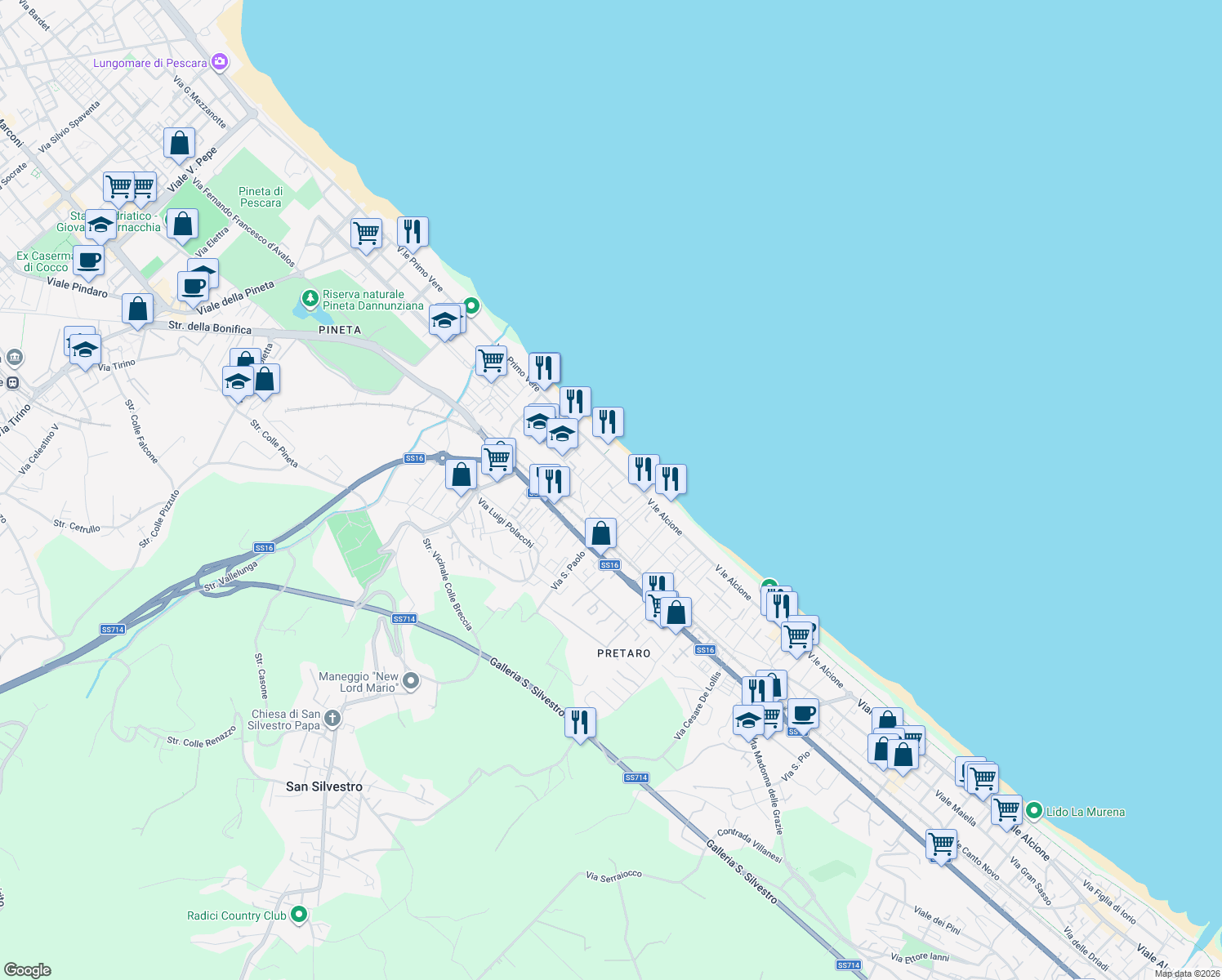 map of restaurants, bars, coffee shops, grocery stores, and more near 15016 Via Luigi Anelli in Pescara
