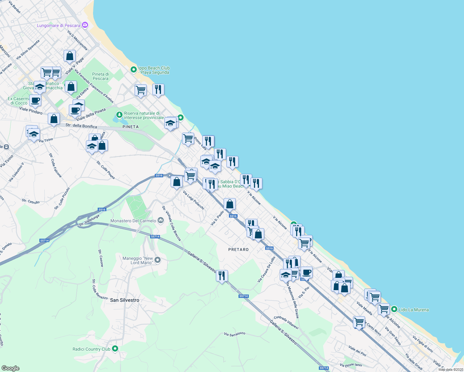 map of restaurants, bars, coffee shops, grocery stores, and more near 15016 Via Luigi Anelli in Pescara
