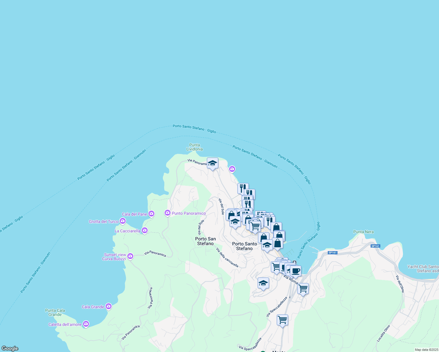 map of restaurants, bars, coffee shops, grocery stores, and more near 22 Via dei Fari in Porto Santo Stefano
