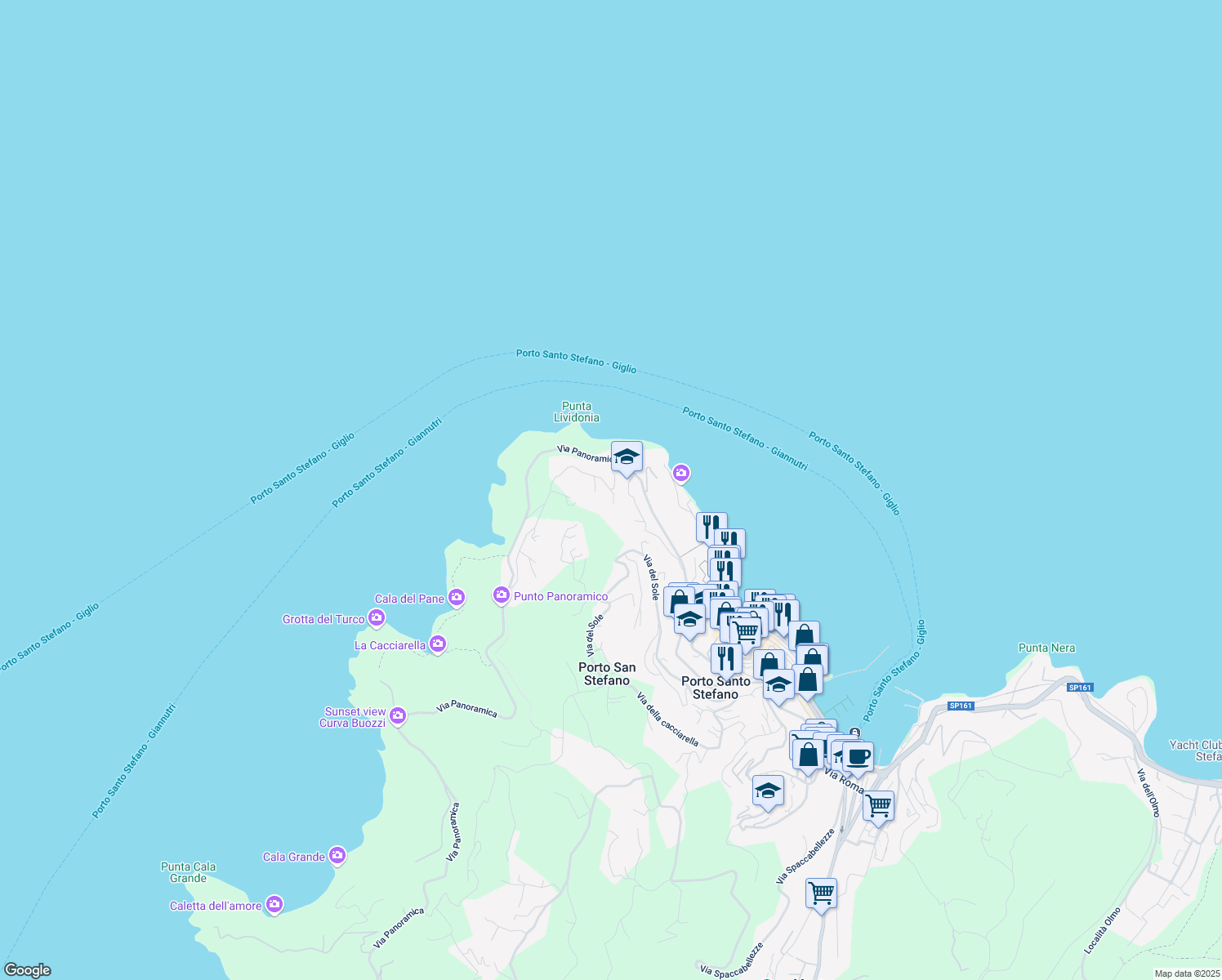 map of restaurants, bars, coffee shops, grocery stores, and more near 24 Via Lividonia in Porto Santo Stefano