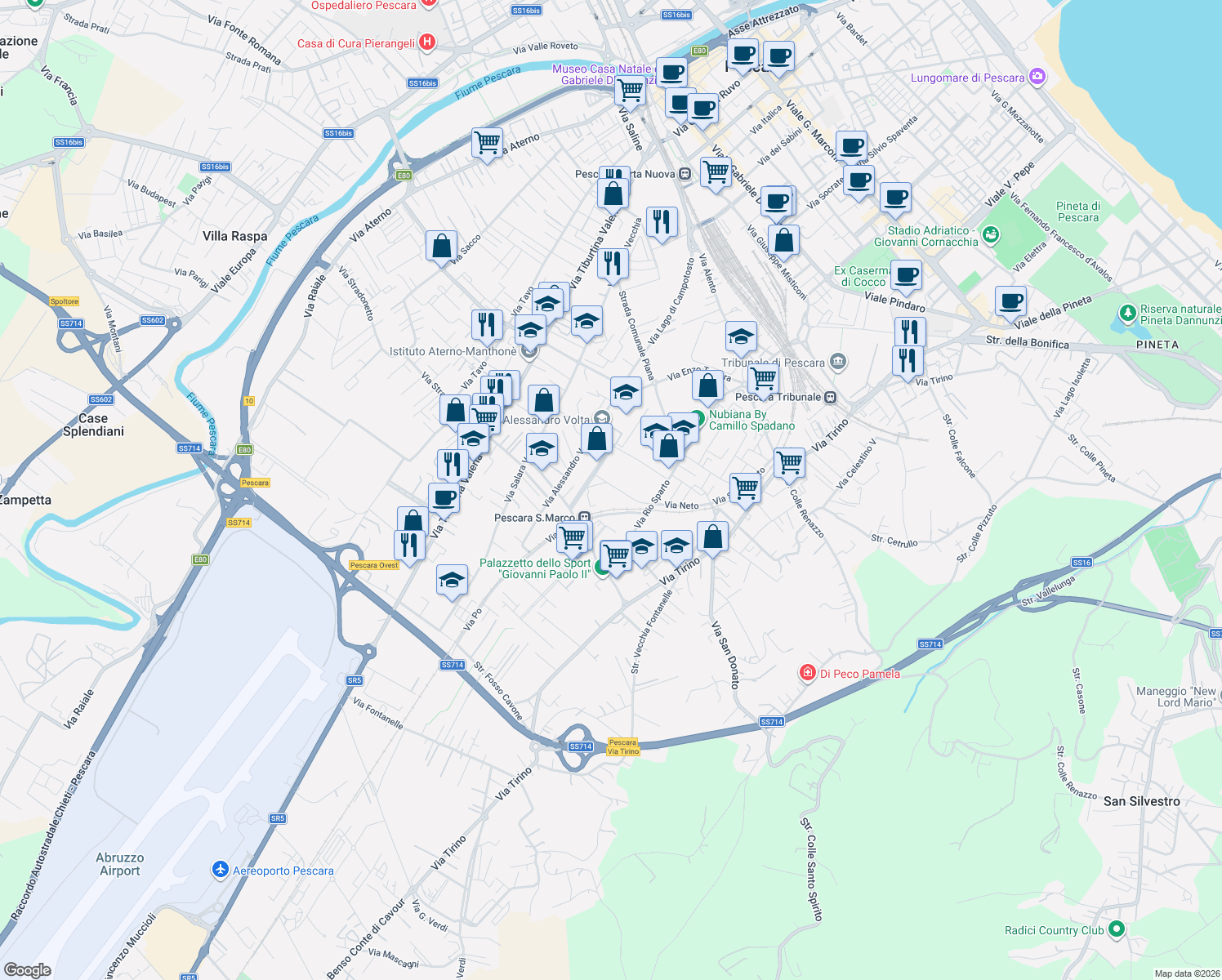 map of restaurants, bars, coffee shops, grocery stores, and more near 23 Via Neto in Pescara