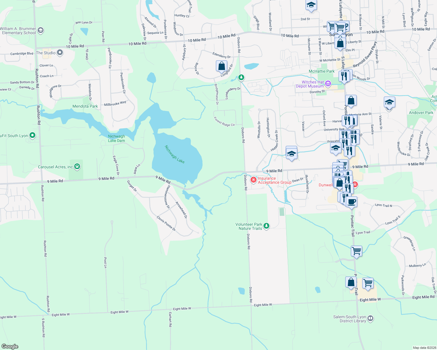 map of restaurants, bars, coffee shops, grocery stores, and more near 13810 9 Mile Road in South Lyon