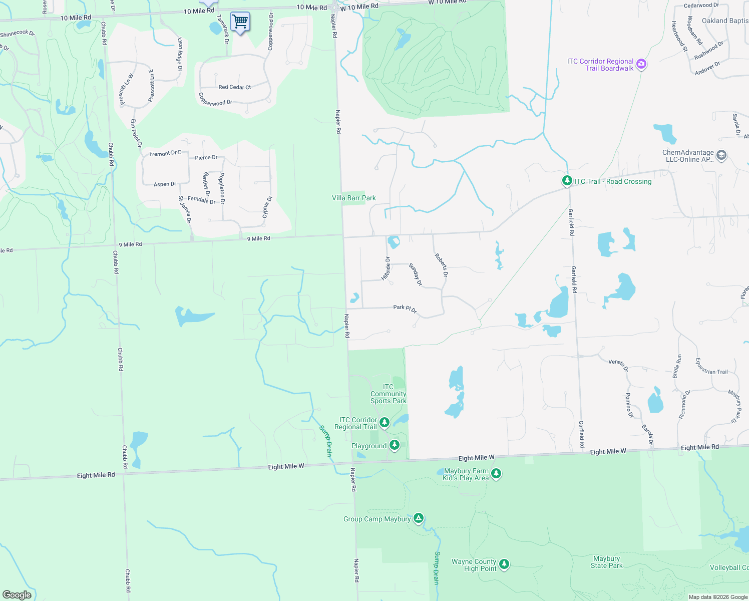 map of restaurants, bars, coffee shops, grocery stores, and more near 51240 Park Pl Dr in Northville